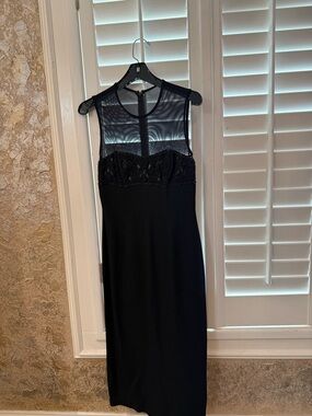 Sleeveless Black Mesh-Detail Evening Dress